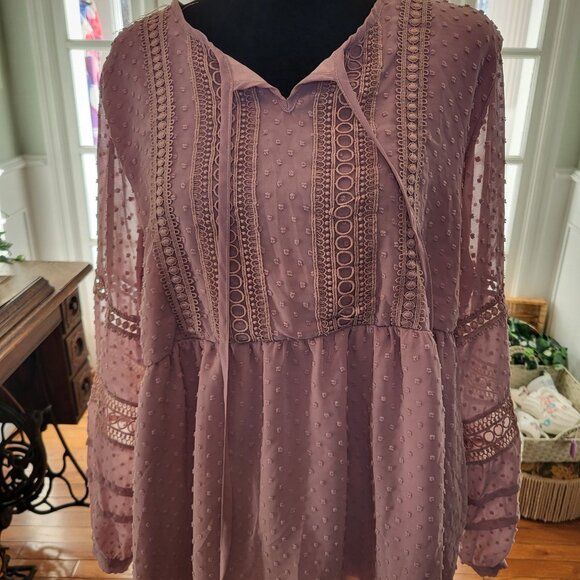 indigo soul Tops - Dusty Mauve Clip Dot Crochet Babydoll Top Indigo Soul XL Coquette Fairy Glenda